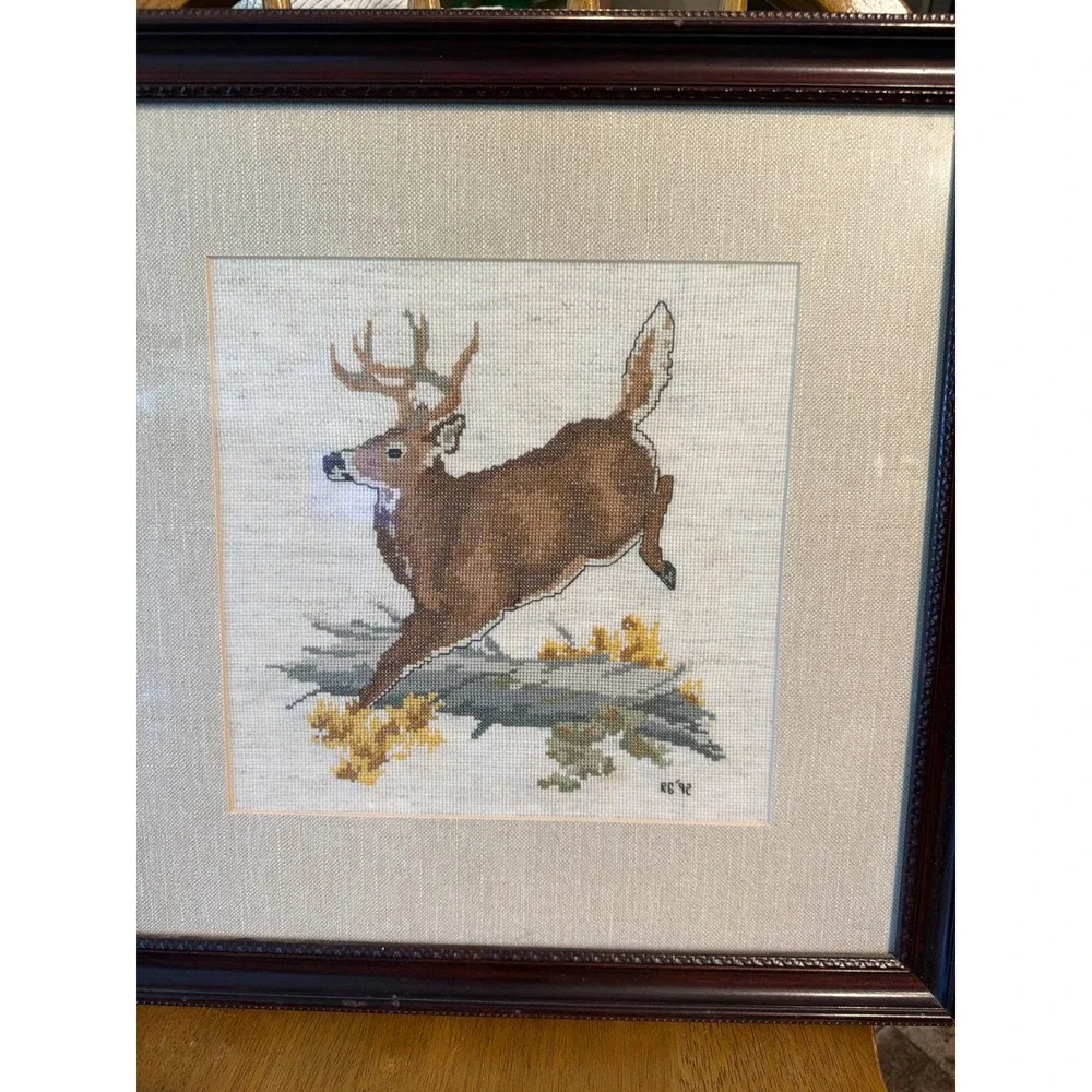 Vintage Hand Stitched Needlepoint Framed Deer Wildlife Art Signed 1992 Buck